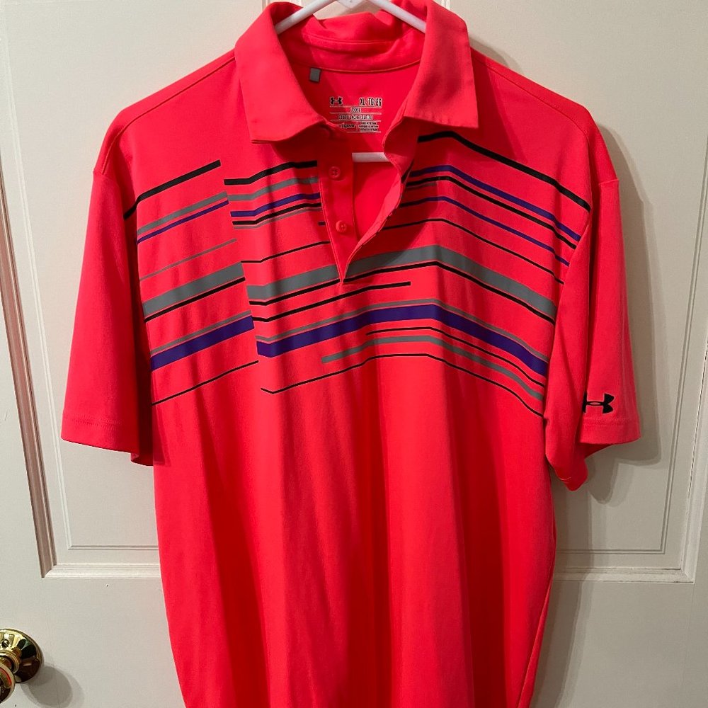 Under Armour Mens Polo Shirt XL Salmon Colorful Stripe Loose Heat Gear